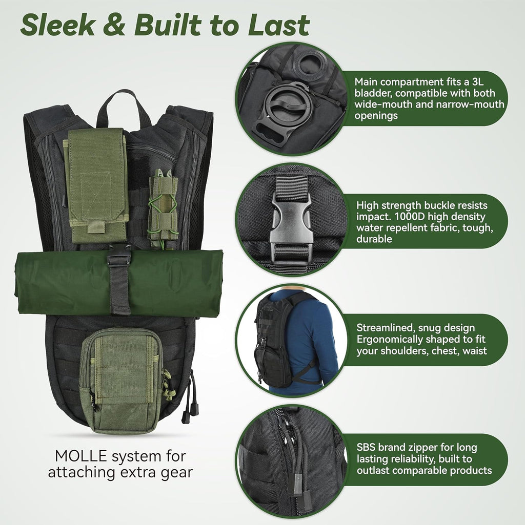 MARCHWAY Tactical Molle Hydration Pack Backpack with 3L TPU Water Bladder, Military Daypack for Cycling, Hiking, Running, Climbing, Hunting, Biking