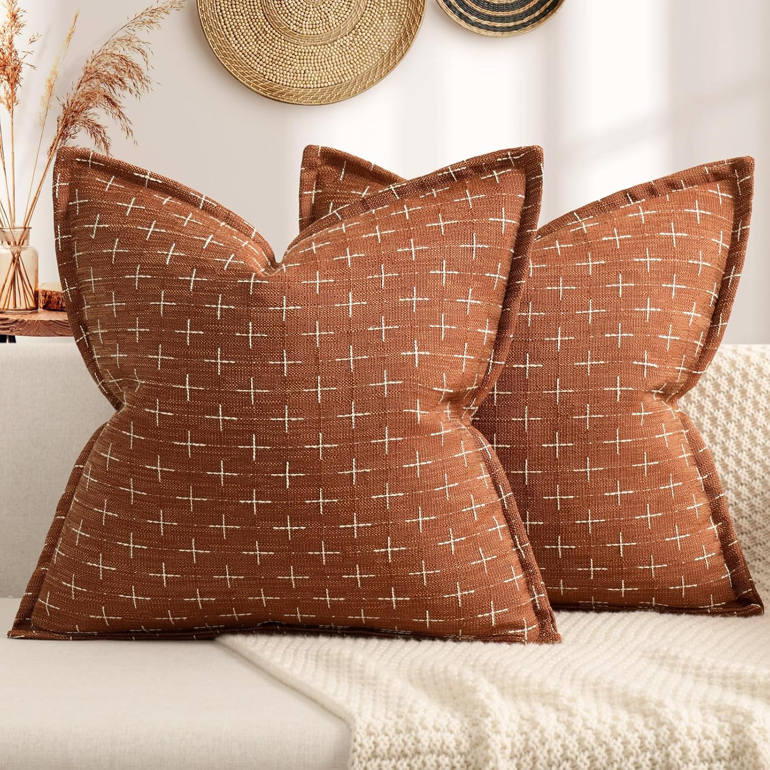 ZWJD Fall Pillow Covers 18x18 Set of 2 Soft Polyester Textured Rust Pillow Covers with Stylish Flange Edge Cozy Farmhouse Throw Pillows for Couch Bed Sofa Living Room Fall Decor