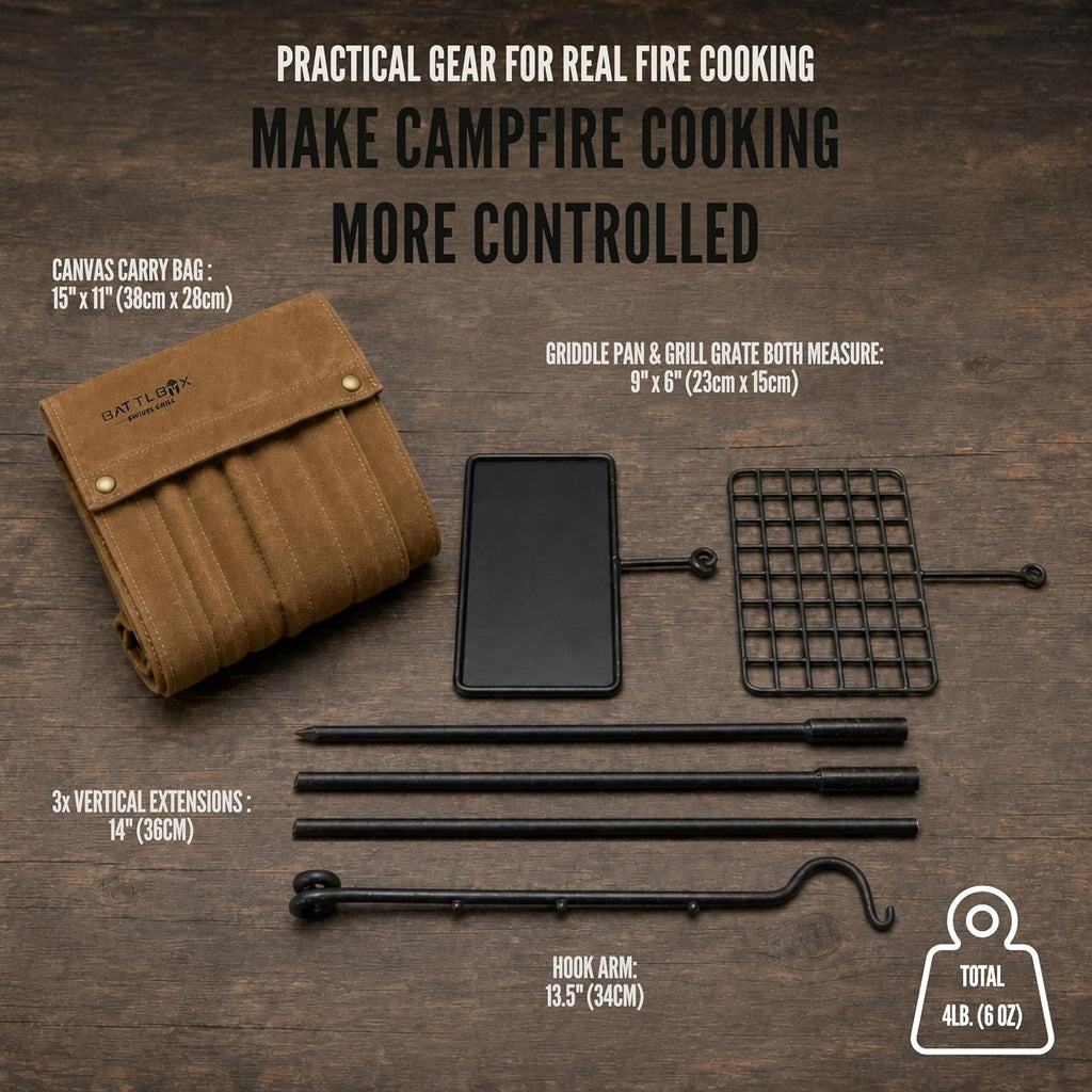 BattlBox Swivel Grill Set, Bushcraft Steel Campfire Camping Cooking Grate