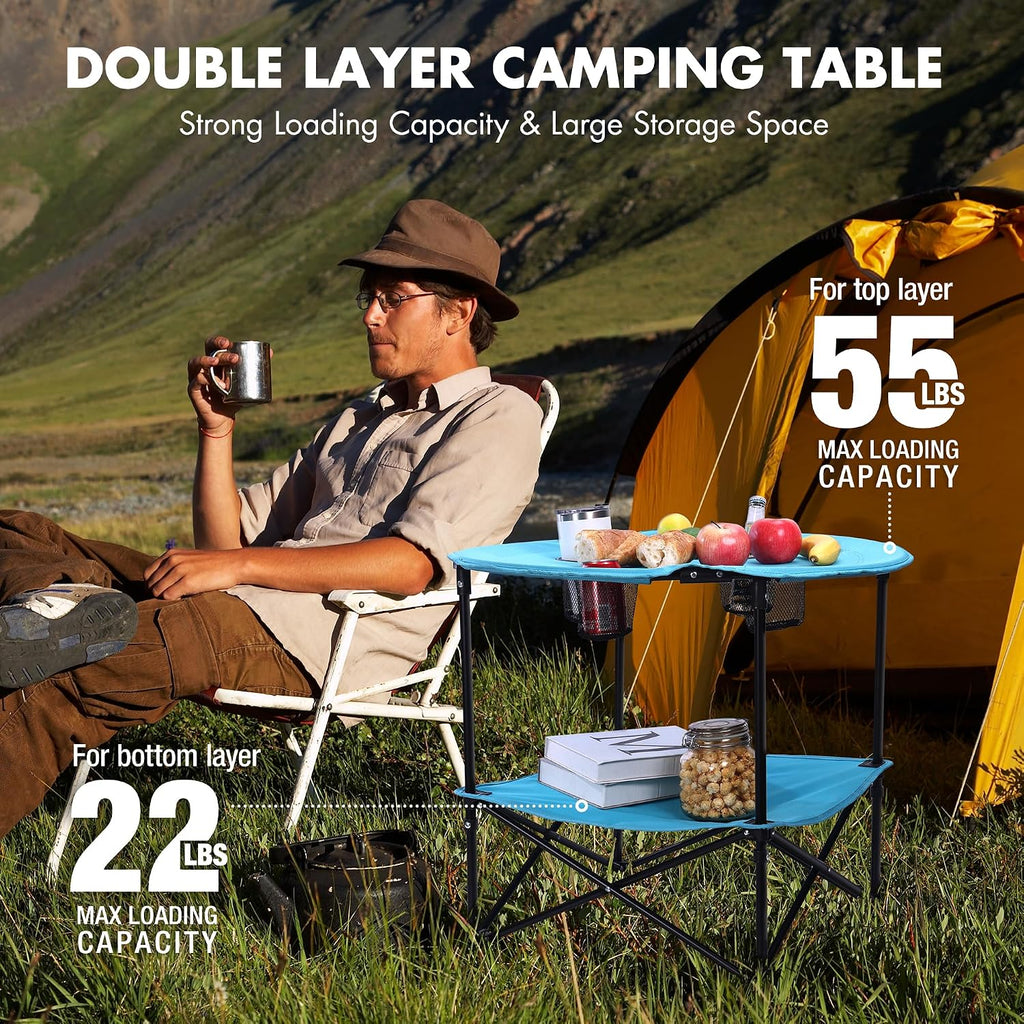 VILLEY Folding Camping Table, Double-Layer Round Camp Table with Carry Bag