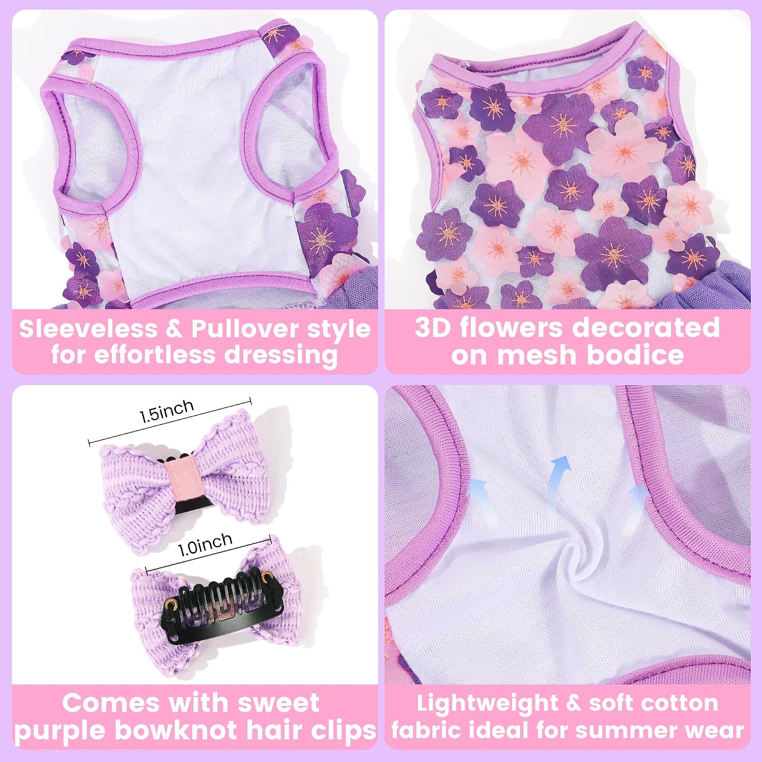 Dog Dress, Fashion Puppy Tutu Princess Dresses for Small Dogs Girl, Sweet Skirt with Dog Bowknot Clips, Spring Dog Cat Clothes Pet Apparel (Purple Floral Dress, XX-Small)