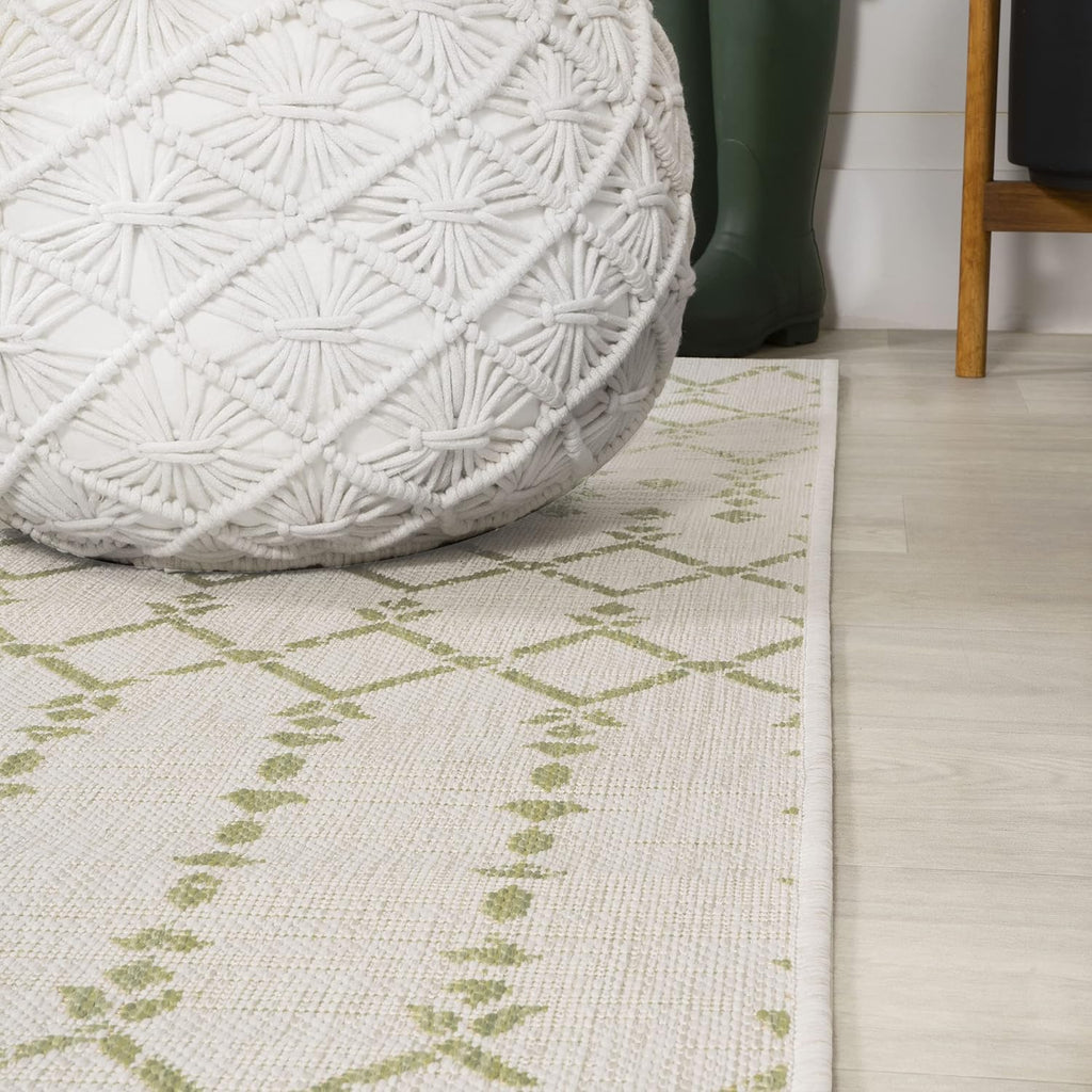 JONATHAN Y Moroccan Geometric Indoor Outdoor Runner Rug 2X8 Cream/Green, Ourika Textured Weave for Backyard, Patio, Porch, Easy-Cleaning, High Traffic, Pet-Friendly, Non-Shedding (SMB108M-28)