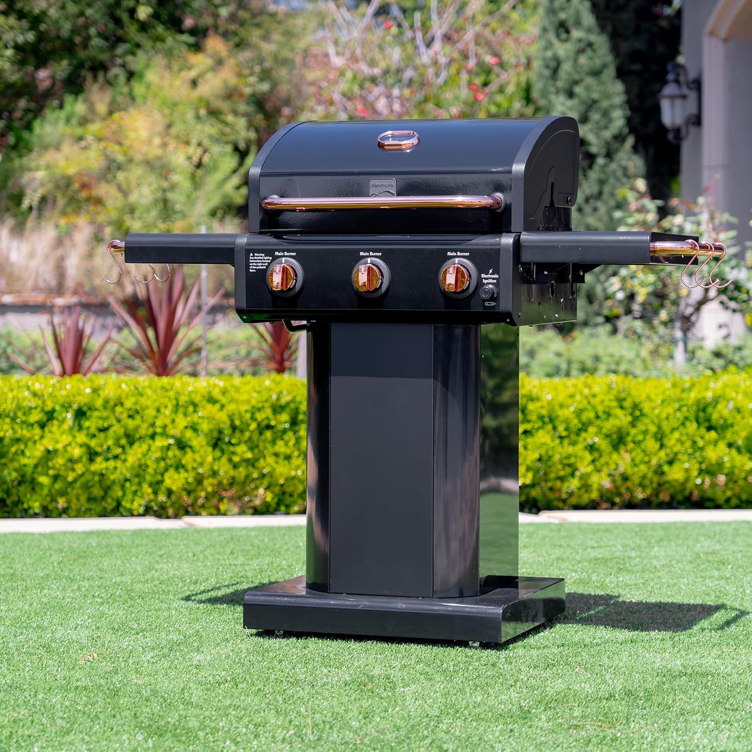 Kenmore 3-Burner Gas Grill | Foldable Side Tables, Cast Iron Cooking Grates, Warming Rack, Hooks for BBQ Grilling Tools, Propane Gas Barbecue Grill, 30,000 BTUs, Black with Copper Accent