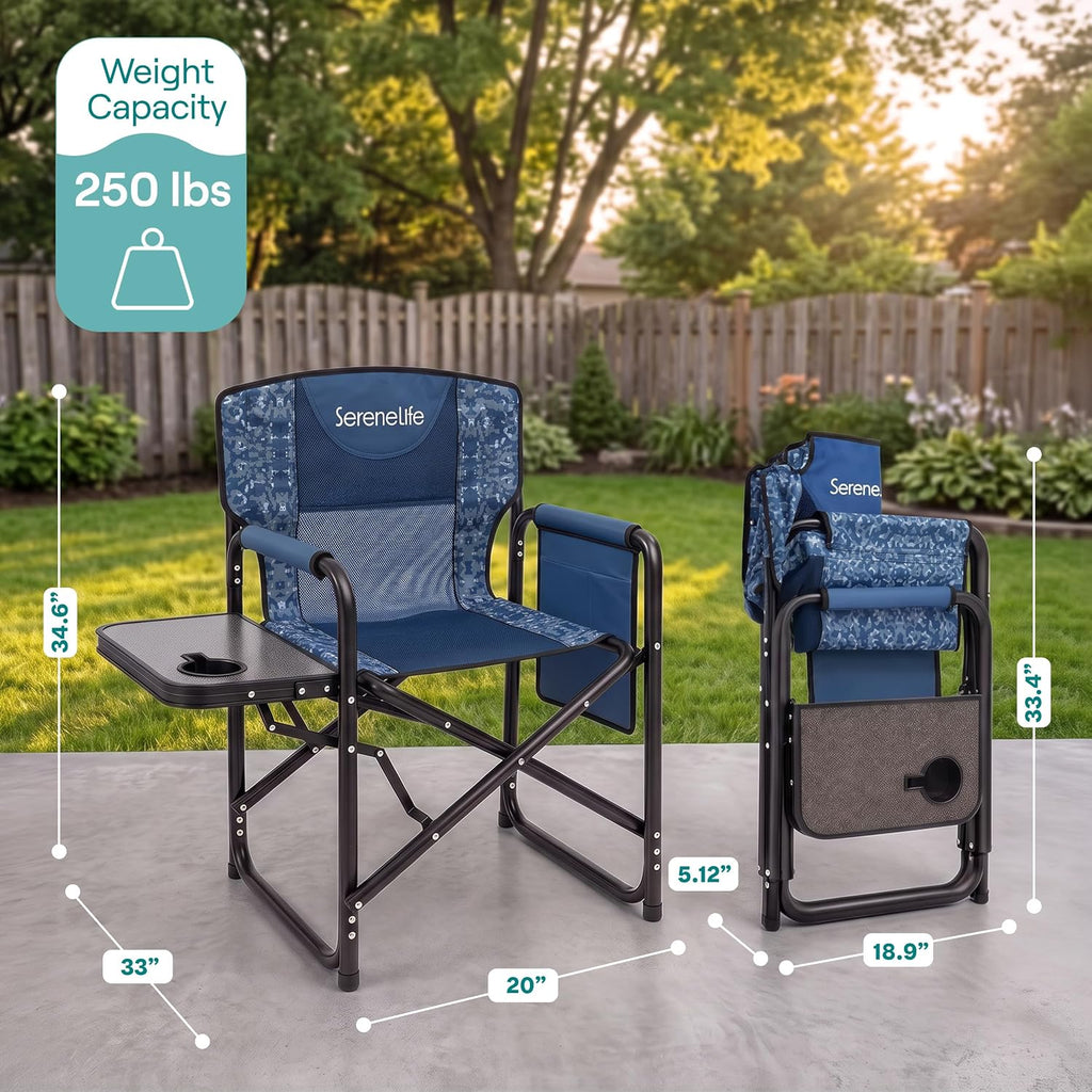 SereneLife Portable Director Chair, Folding Camping Chair with Side Table, Cup Holder & Padded Wide Armrest, 600D Weather-Resistant Fabric, Steel Frame, Carry Bag for Adults, Picnic, Blue Camouflage