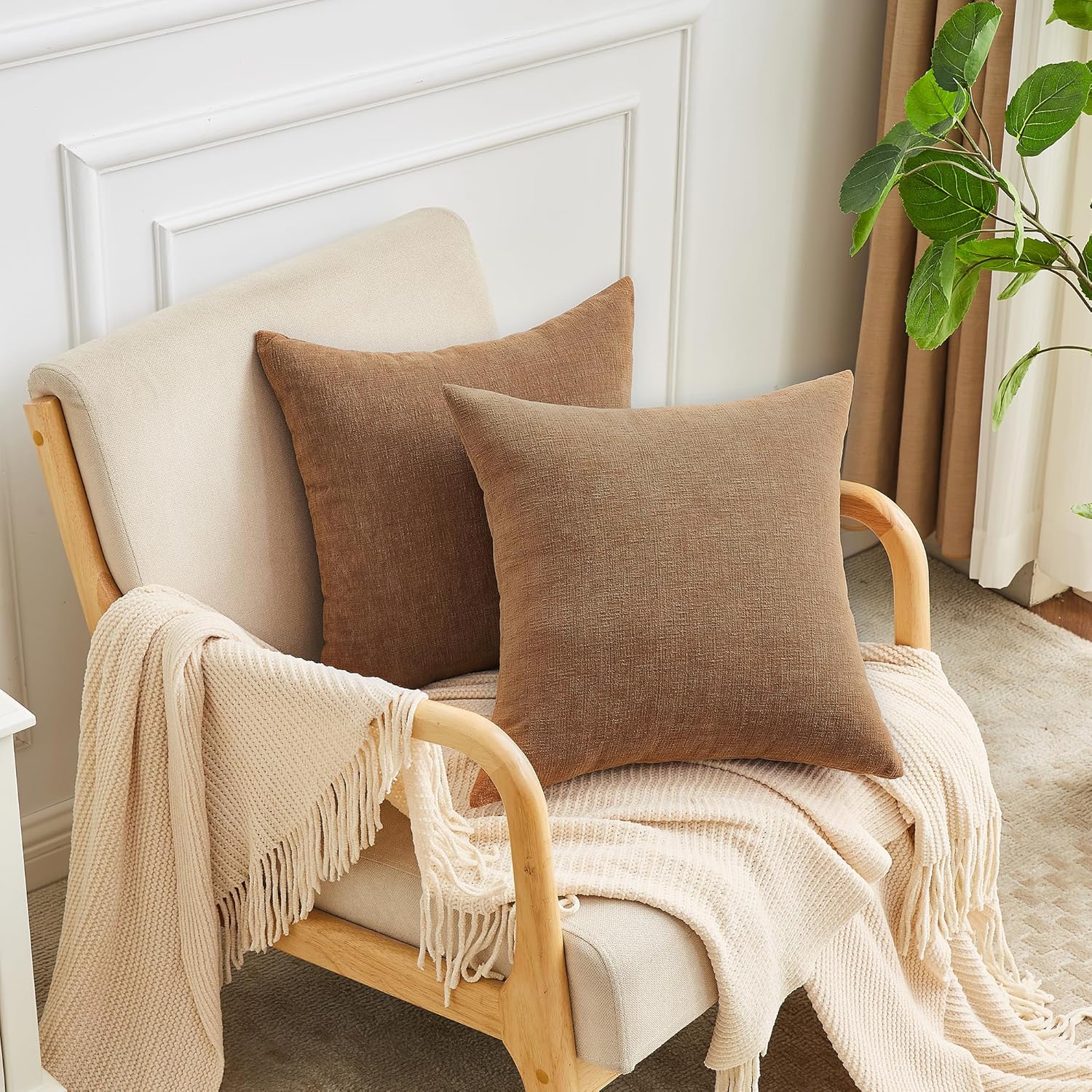GAWAMAY Decorative Square Throw Pillow Covers 18"x18" Inch Set of 2, Super Soft Chenille Pillows Cover Fall Pillowcase for Living Room Bedroom Sofa Couch Cushion Cover Brown 45x45cm (No Inserts)