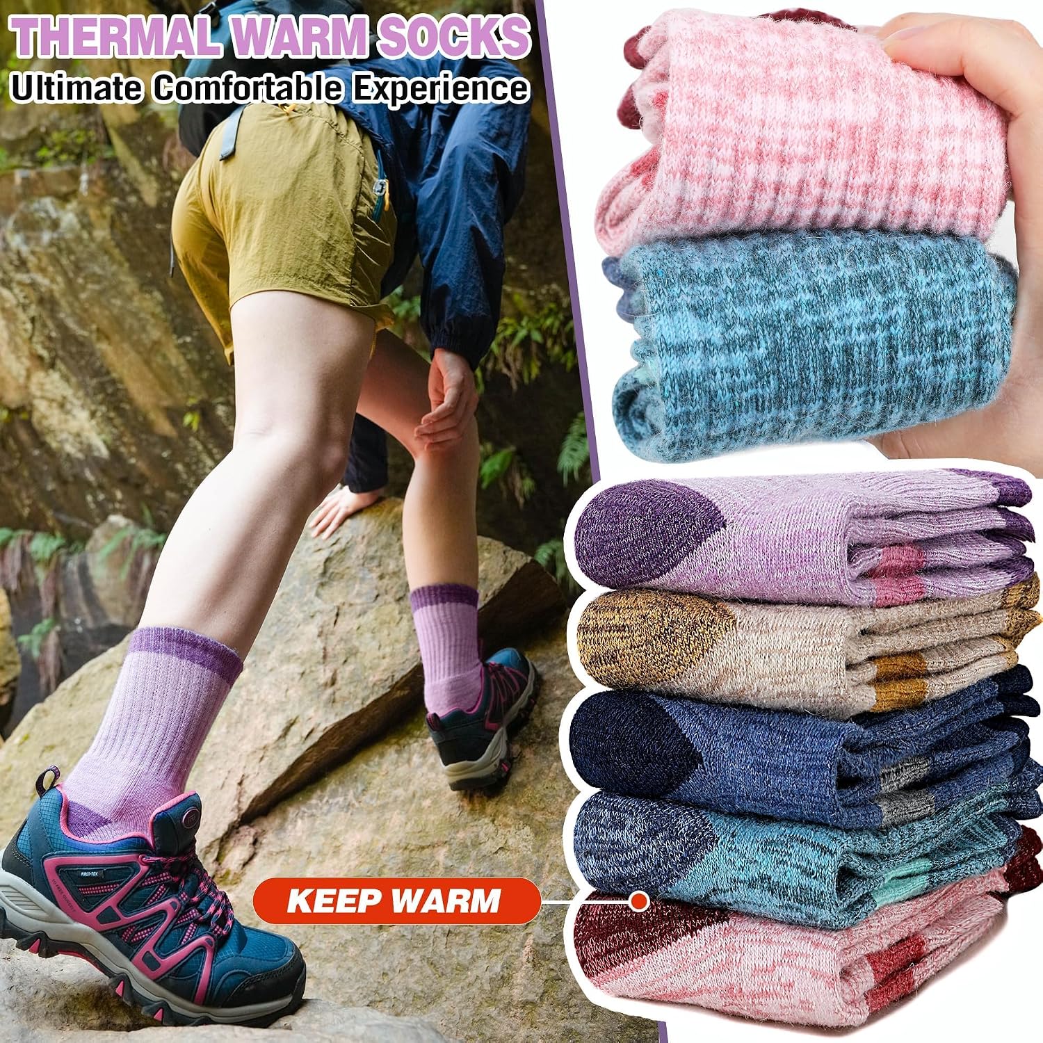 Merino Wool Hiking Socks Thermal Warm Winter Cozy Cushioned Moisture Wicking Crew Socks for Women 5 Pairs