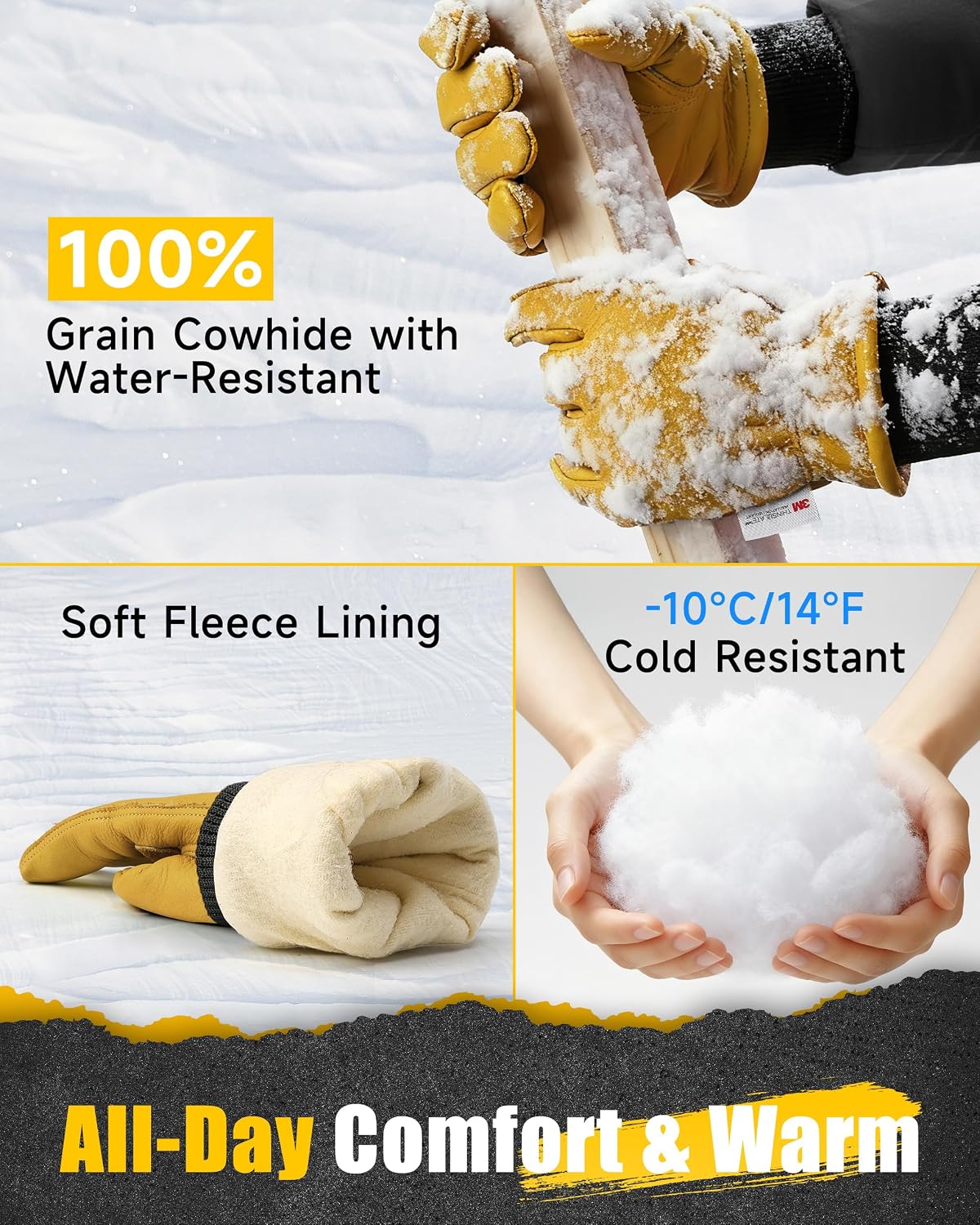 DULFINE Winter Insulated Cowhide Leather Work Gloves for Men and Women