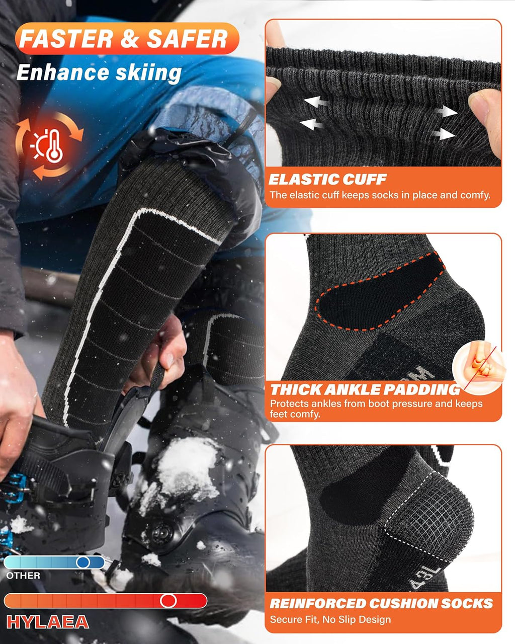 Hylaea Unisex Knee High Merino Wool Ski Snowboard Socks, Cushioning & Warm