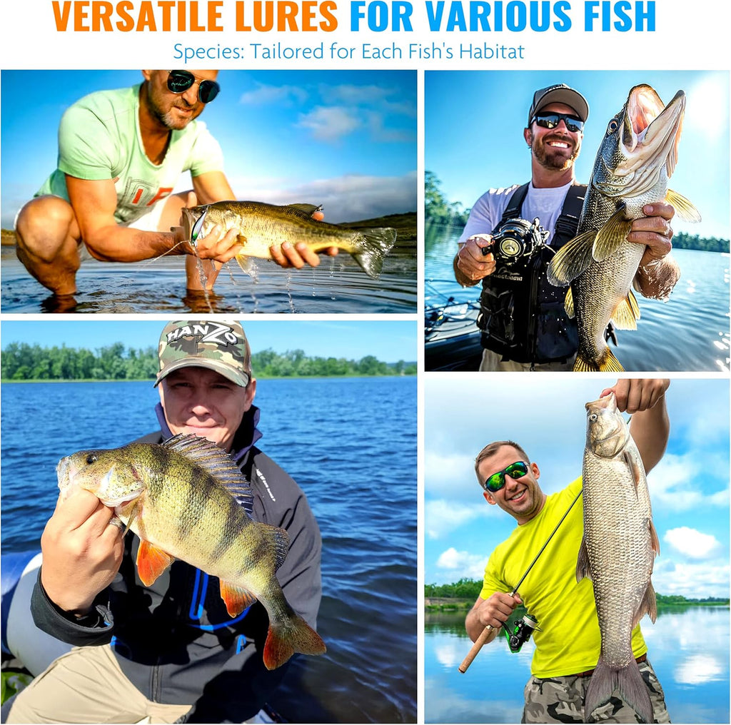 PLUSINNO Fishing Lures Fishing Tackle Box Fishing Gifts for Men, Bass, Trout Fishing Accessories Kit for Saltwater & Freshwater Fishing Gear Including Topwater Lures, Hooks, Spinnerbaits