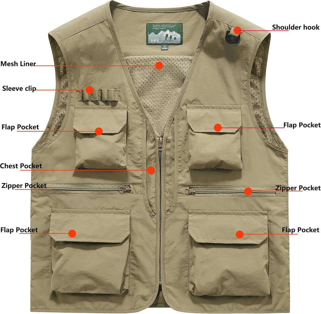 Men's Utility Fishing Cargo Vest Outdoor Lightweight Safari Travel Photo Vest Hiking Waistcoat With Multi Pockets