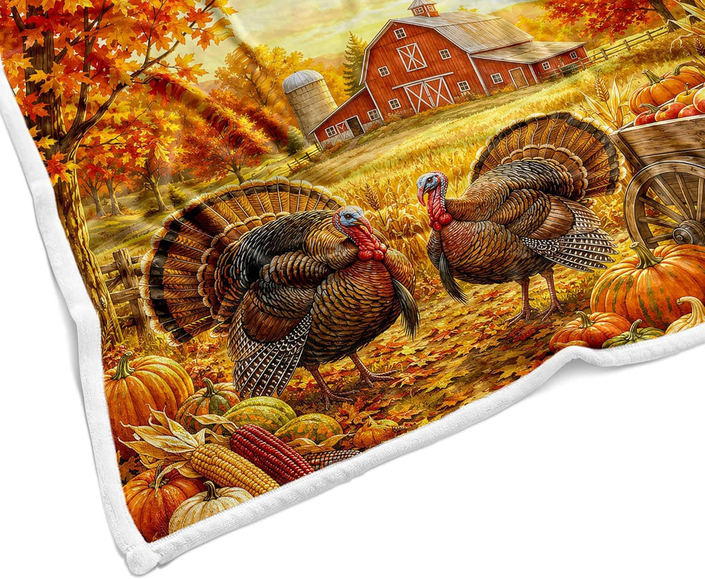 Thanksgiving Turkey Throw Blanket, Fall Farmhouse Fleece Blanket