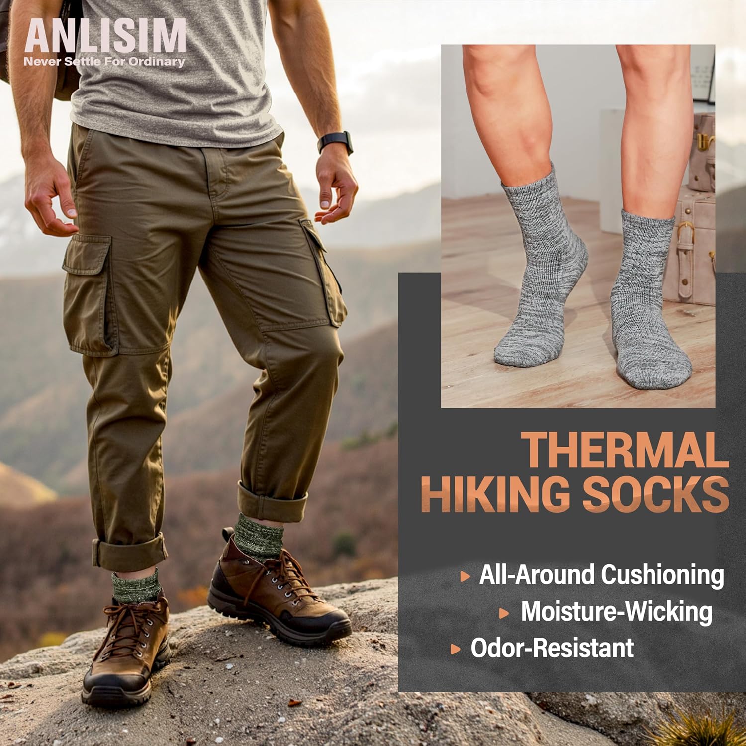 Anlisim Merino Wool Hiking Socks, Boot Crew Work Socks for Women Men