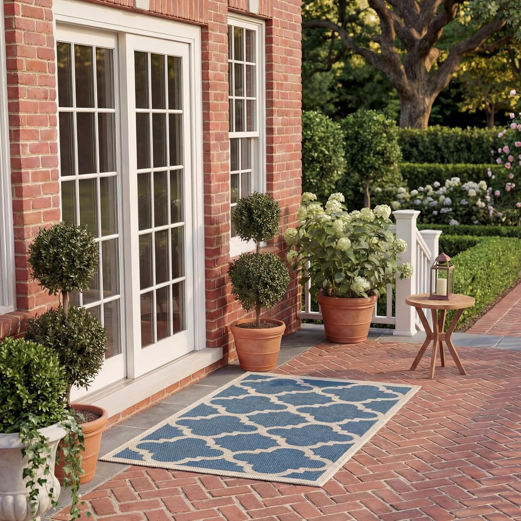 SAFAVIEH Washable Rug Outdoor Courtyard Collection - 2' x 3'7", Blue & Beige, Non-Shedding & Easy Cleaning, Ideal for Patio, Front Door, Entryway, Doormat (CY6243-243)