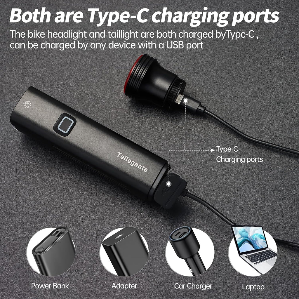Super Bright Bike Lights for Night Riding, 2 Powerful LED for High Beam Low Beam Bicycle Lights, 6000mAh USB-C Rechargeable Bike Headlight, Smart Brake Bike Taillight, IPX6 Waterproof & Aluminum Alloy