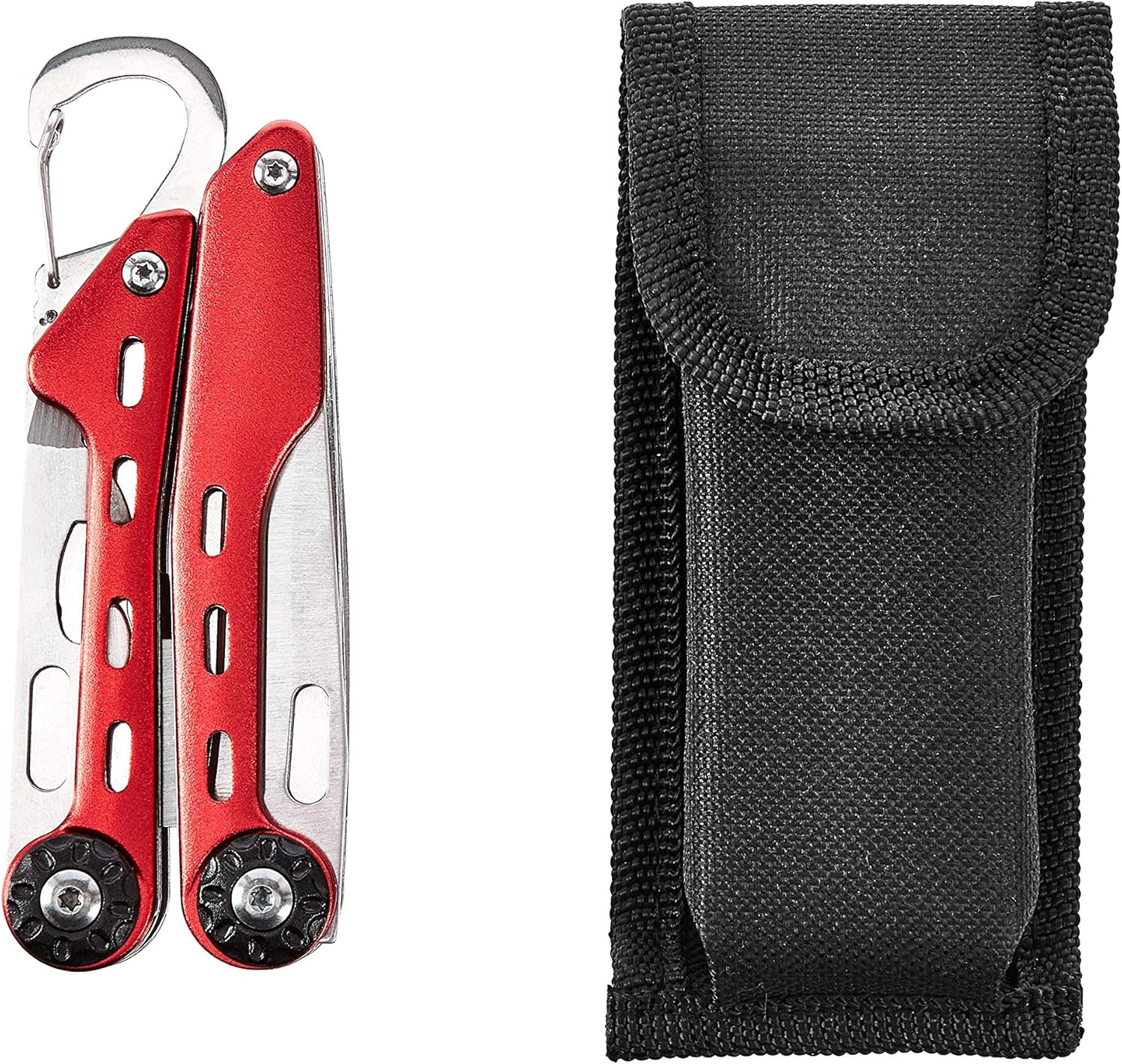 Amazon Basics 10-in-1 Stainless Steel Multitool for Hiking and Survival Gear with Needlenose Pliers, Wire Cutter, Saw, Safety Lock, Nylon Sheath, Red