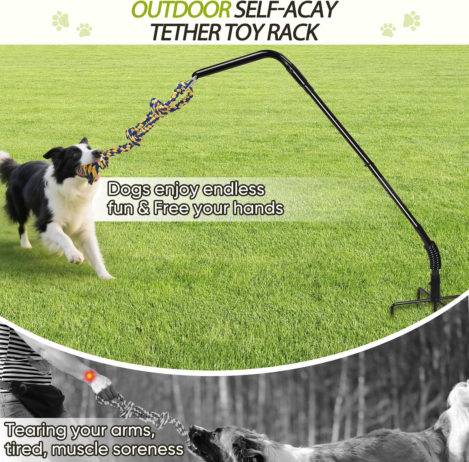AugFir Tether Outdoor Dog Rope Toy with Strengthen Spring Pole, 3 Kinds Dog Tug of War Toys for Self Play and Interactive in Park, Yard, Lawn Rope, Suitable for Large Medium Small Dogs (Black)