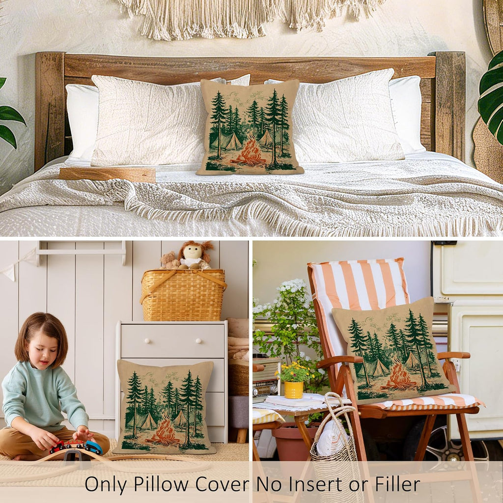 Rustic Camping Forest Throw Pillow Covers, Vintage Camper Pillow Case Cover for Couch, Campfire Square Pillowcase, Retro Camping Decor Cushion Cover Case for Bedroom Living Room, 18x18 in