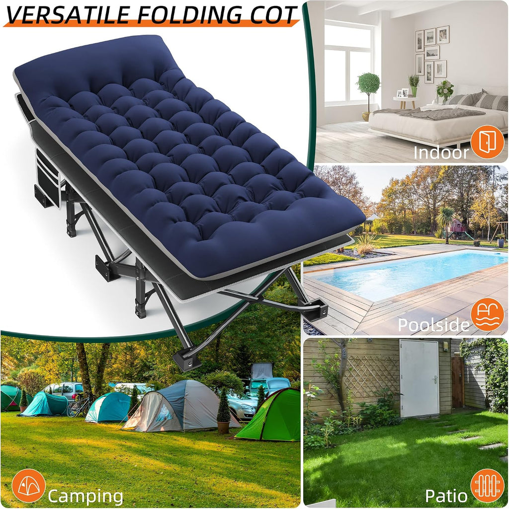 Fragess Portable Camping Cot, 32" Extra Wide Camping Cots for Everyone with Thick Cushion, Heavy Duty Sleeping Cot Holds Up to 600LBS, Cots for Sleeping, Rv, Beach, Patio, Office Naps(Blue)