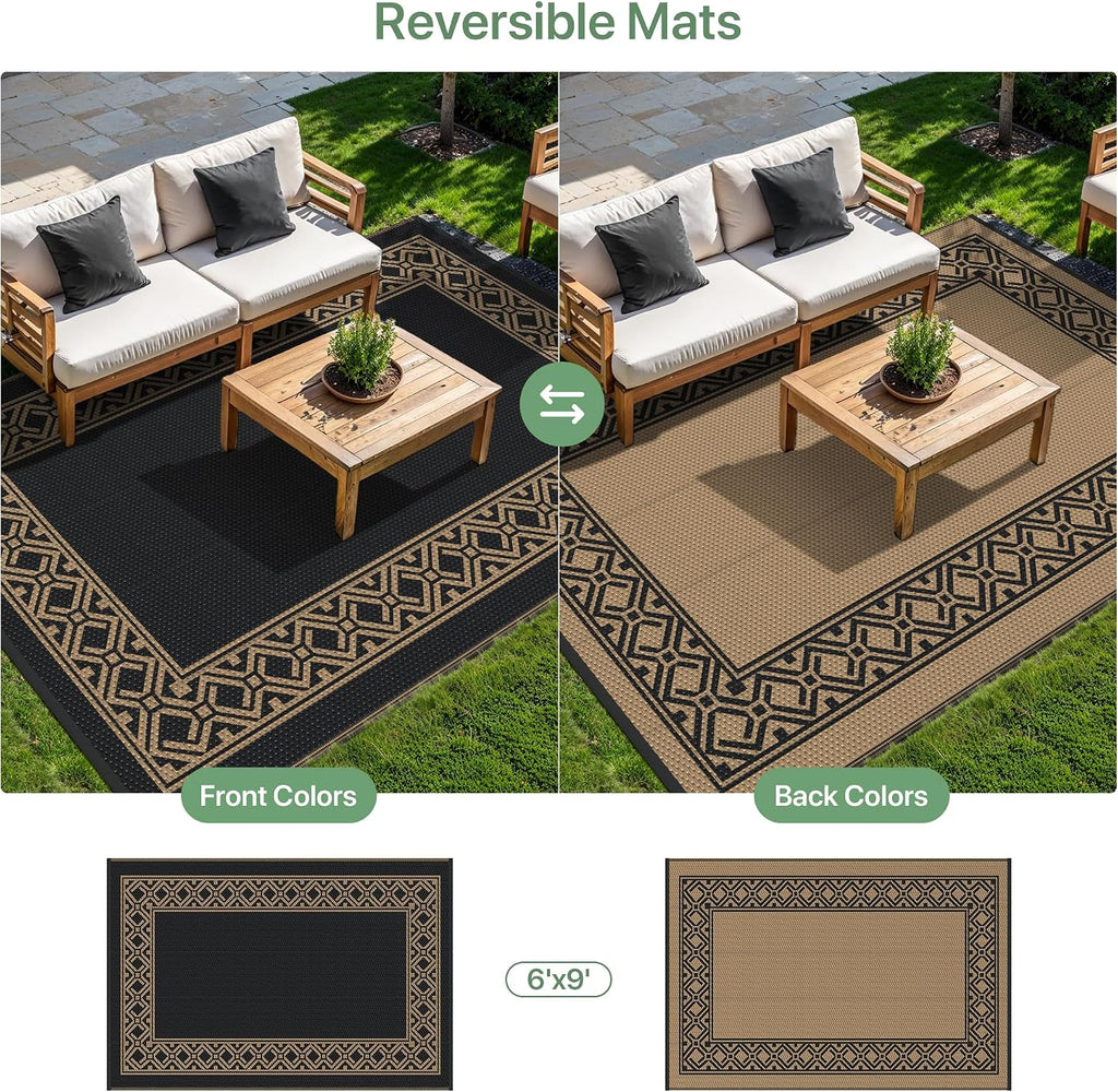GENIMO Outdoor Rug, Waterproof Plastic Rugs for Patio, 6'x9' Black Brown