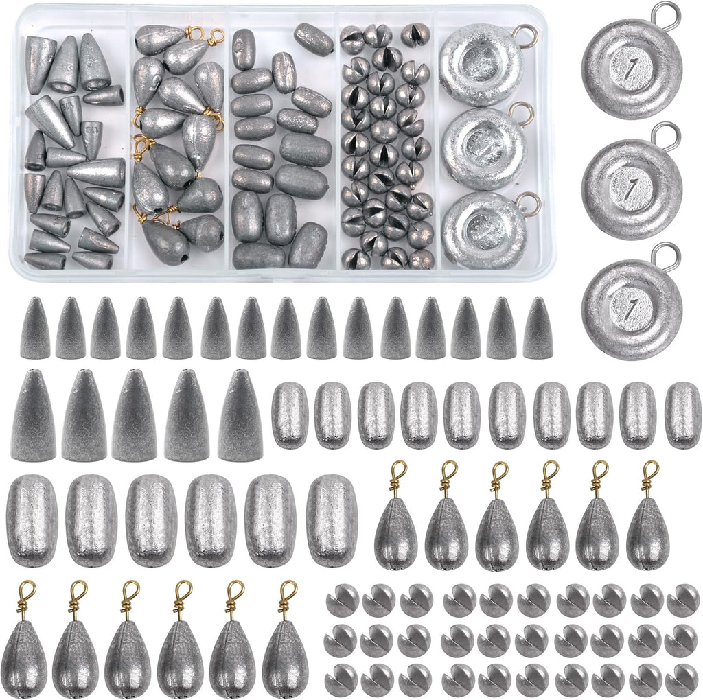 Fishing Weight Sinkers Kit, 81pcs Assorted Drop Bass Sinkers Split Shot Sinkers Coin Weights Saltwater Casting Fishing Sinkers Set with Tackle Box