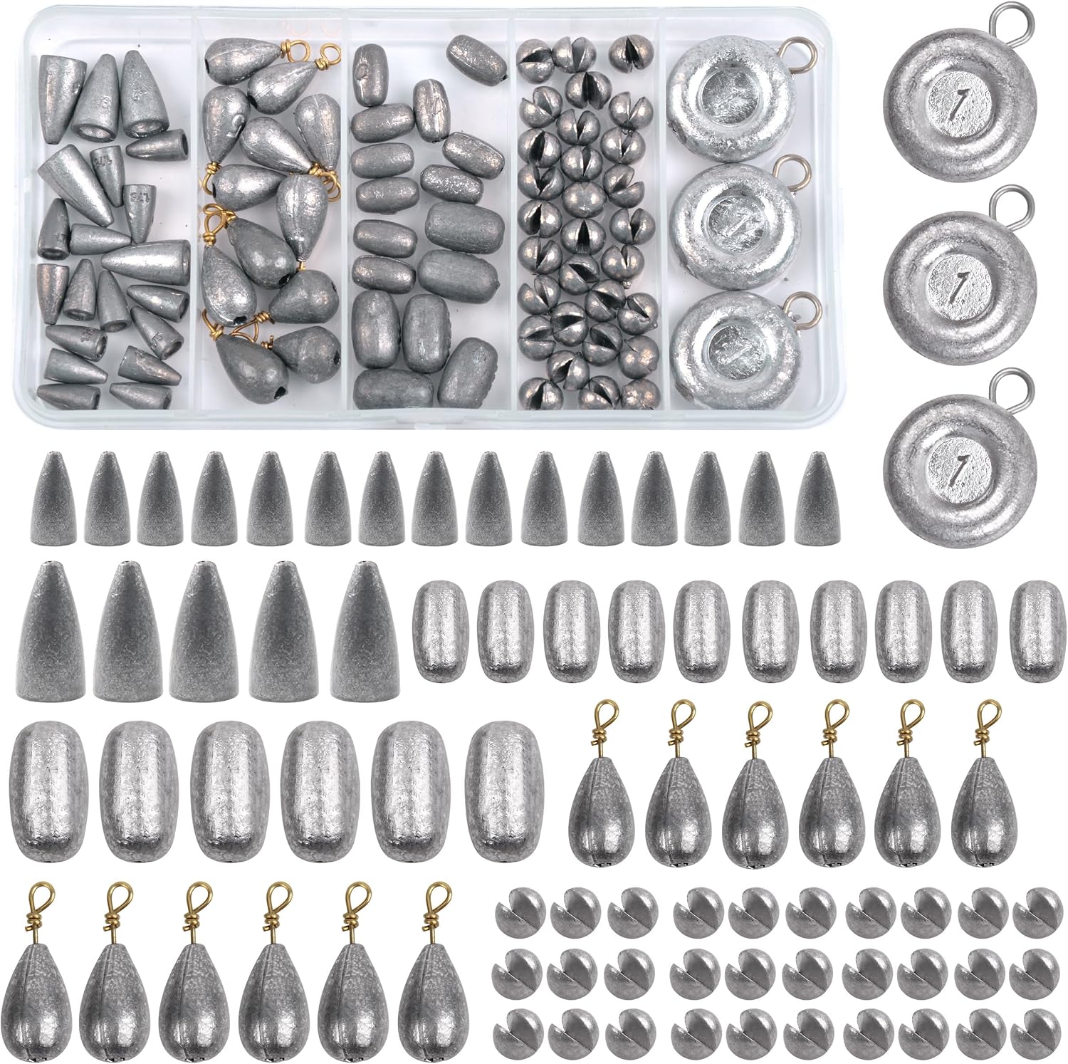 Fishing Weight Sinkers Kit, 81pcs Assorted Drop Bass Sinkers Split Shot Sinkers Coin Weights Saltwater Casting Fishing Sinkers Set with Tackle Box