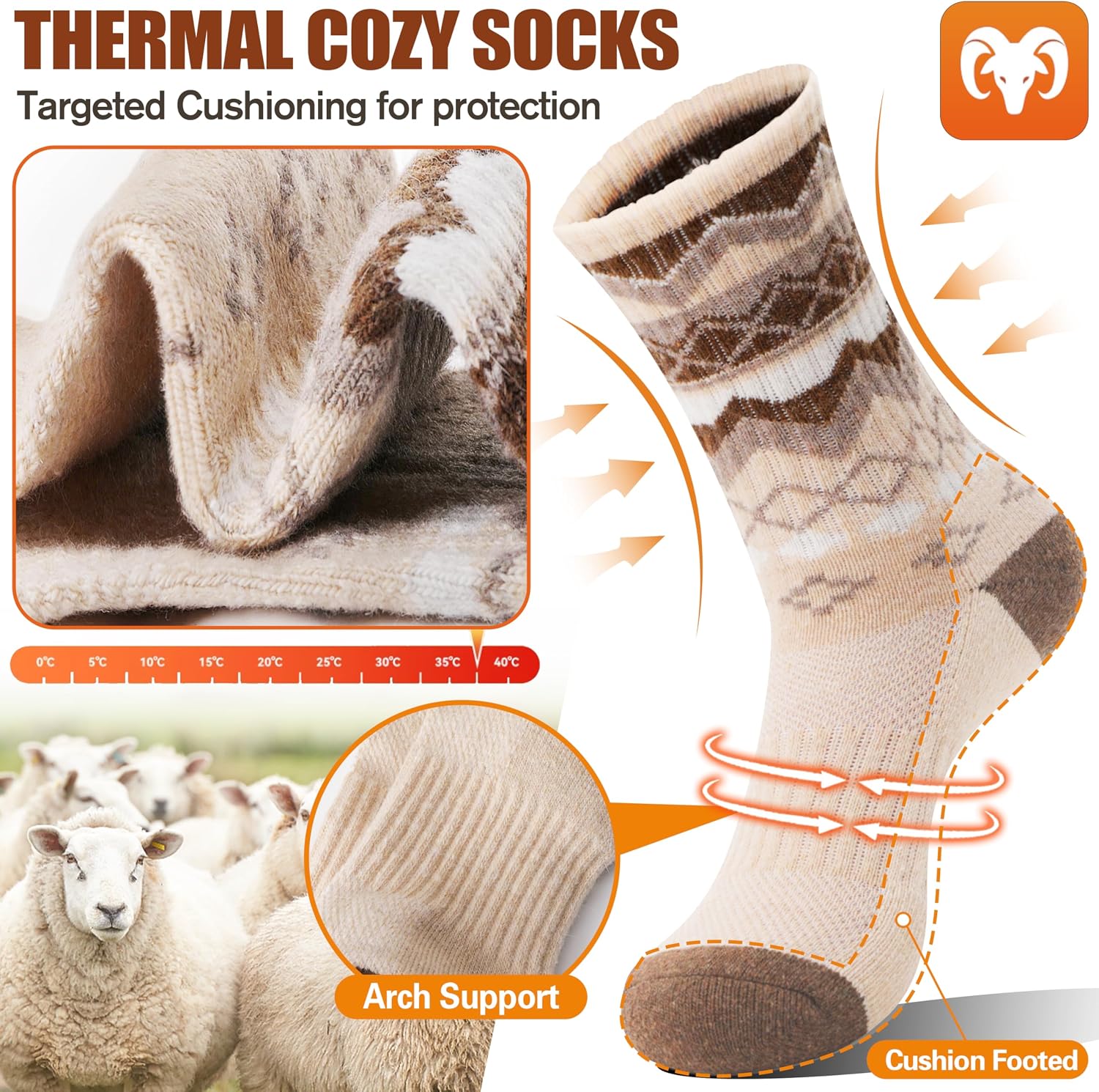 EBMORE Womens Merino Wool Hiking Socks Thermal Warm Winter Crew Cushion Work Boot Outdoor Socks 5 Pairs