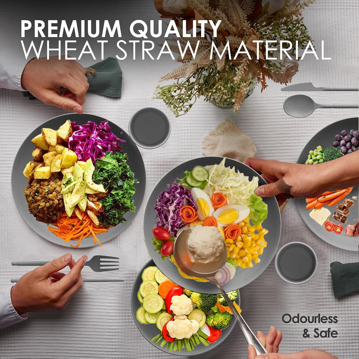 Wheatstraw Dinnerware Set For 4 - Dishwasher Microwave Plates For Heating Food - Unbreakable Wheat Straw Plates And Bowls sets - Replace Plastic Dinnerware Set - Camping Dishes Set