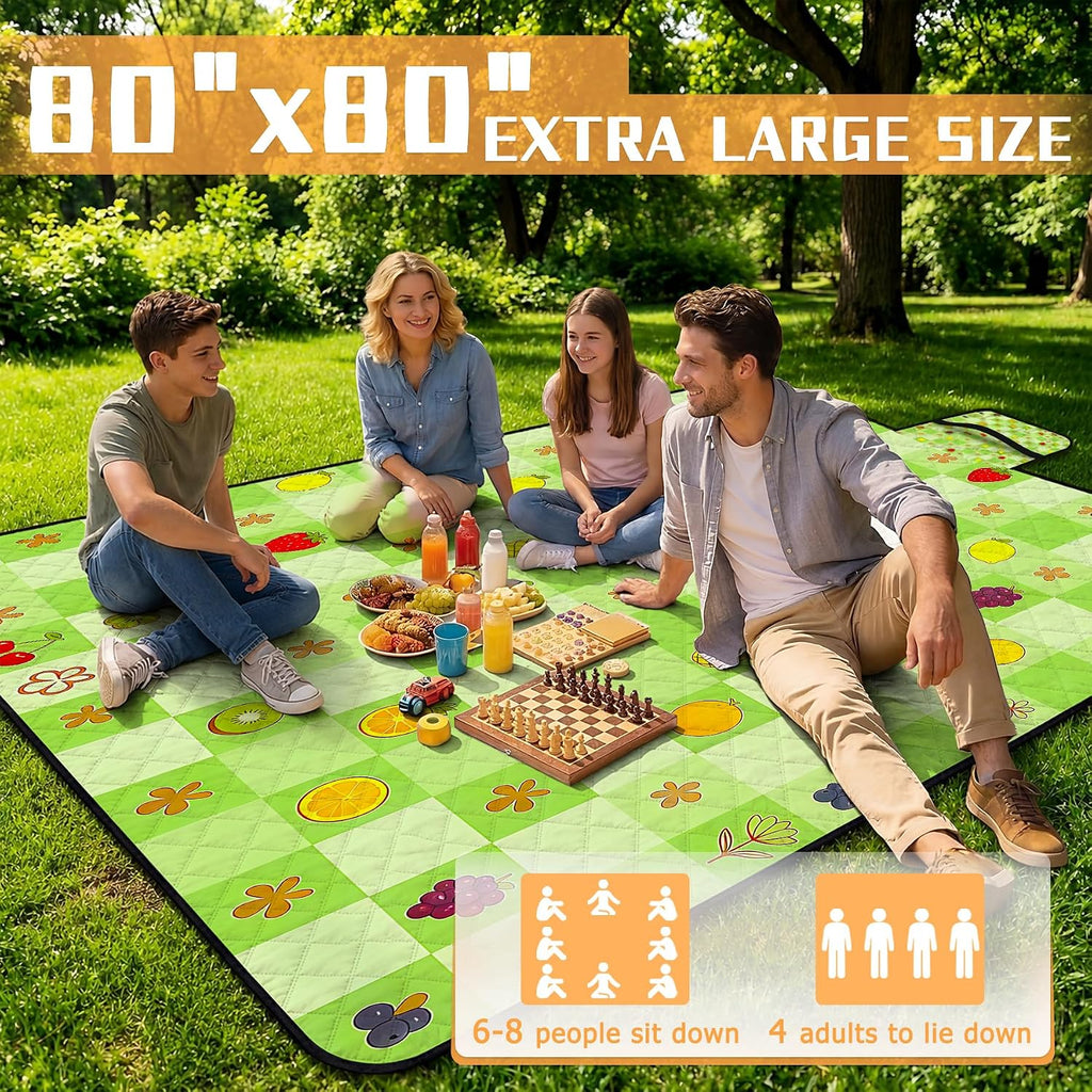 Picnic Blankets Outdoor Blanket,80"x 80" Extra Large Waterproof Sandproof Foldable Beach Blanket Grid Picnic Mat for Camping,Lawn,Park(Green)