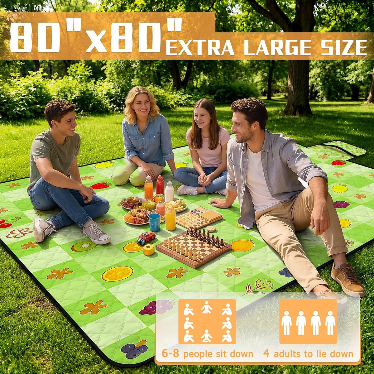 Picnic Blankets Outdoor Blanket,80"x 80" Extra Large Waterproof Sandproof Foldable Beach Blanket Grid Picnic Mat for Camping,Lawn,Park(Green)