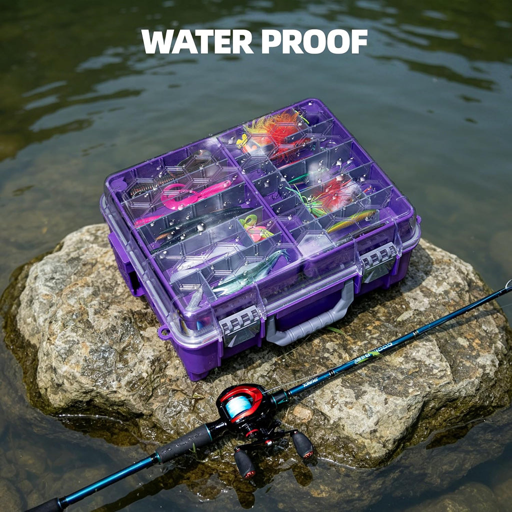 RUNCL Upgraded Large Capacity Waterproof Floating Tackle Box with Rod Holder, Airtight Organizer with Removable Trays for Lures Hooks Baits, Durable Fishing Gear Storage Gift for Anglers