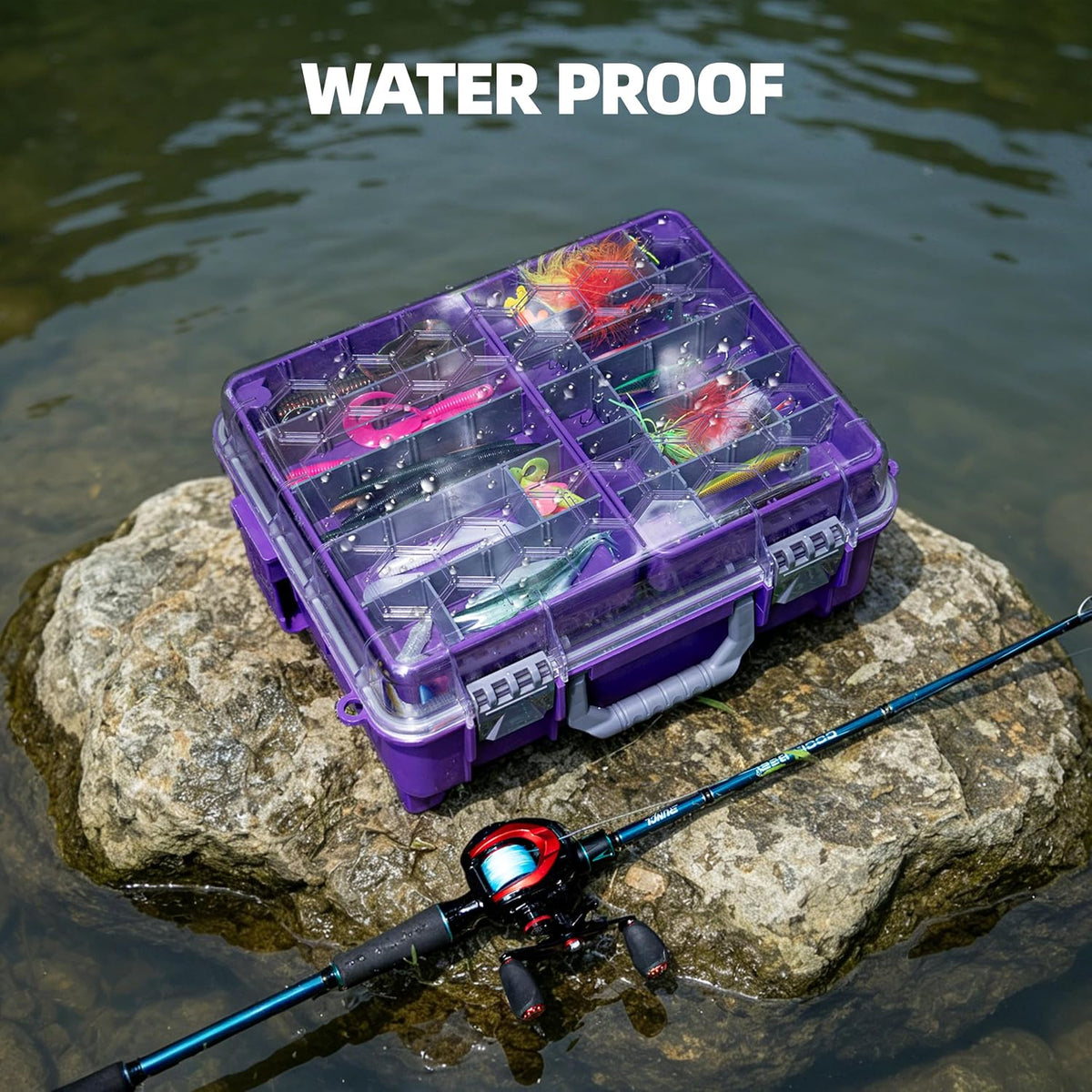 RUNCL Upgraded Large Capacity Waterproof Floating Tackle Box with Rod Holder, Airtight Organizer with Removable Trays for Lures Hooks Baits, Durable Fishing Gear Storage Gift for Anglers