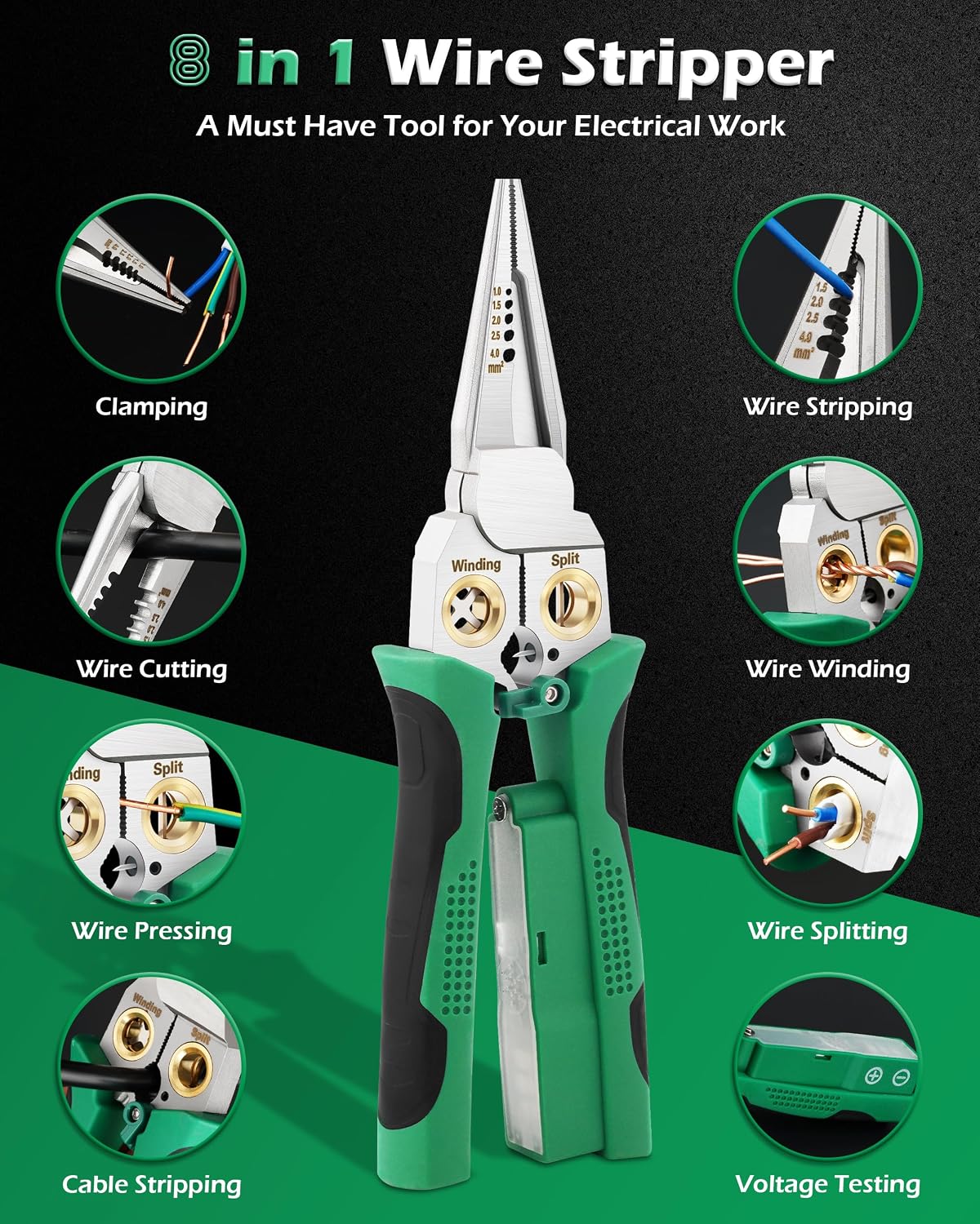 Safeguard Wire Stripper with Voltage Tester (12V-250V AC/DC), Wire Crimper Cutter for 10-18 AWG – Electrician Tool for Circuit Repair, Outlet Installation, HVAC & Automotive