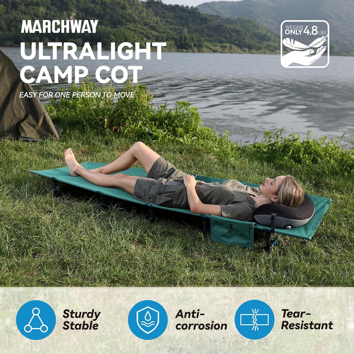 MARCHWAY Ultralight Folding Camping Cot Bed, Portable, Supports 275 lbs