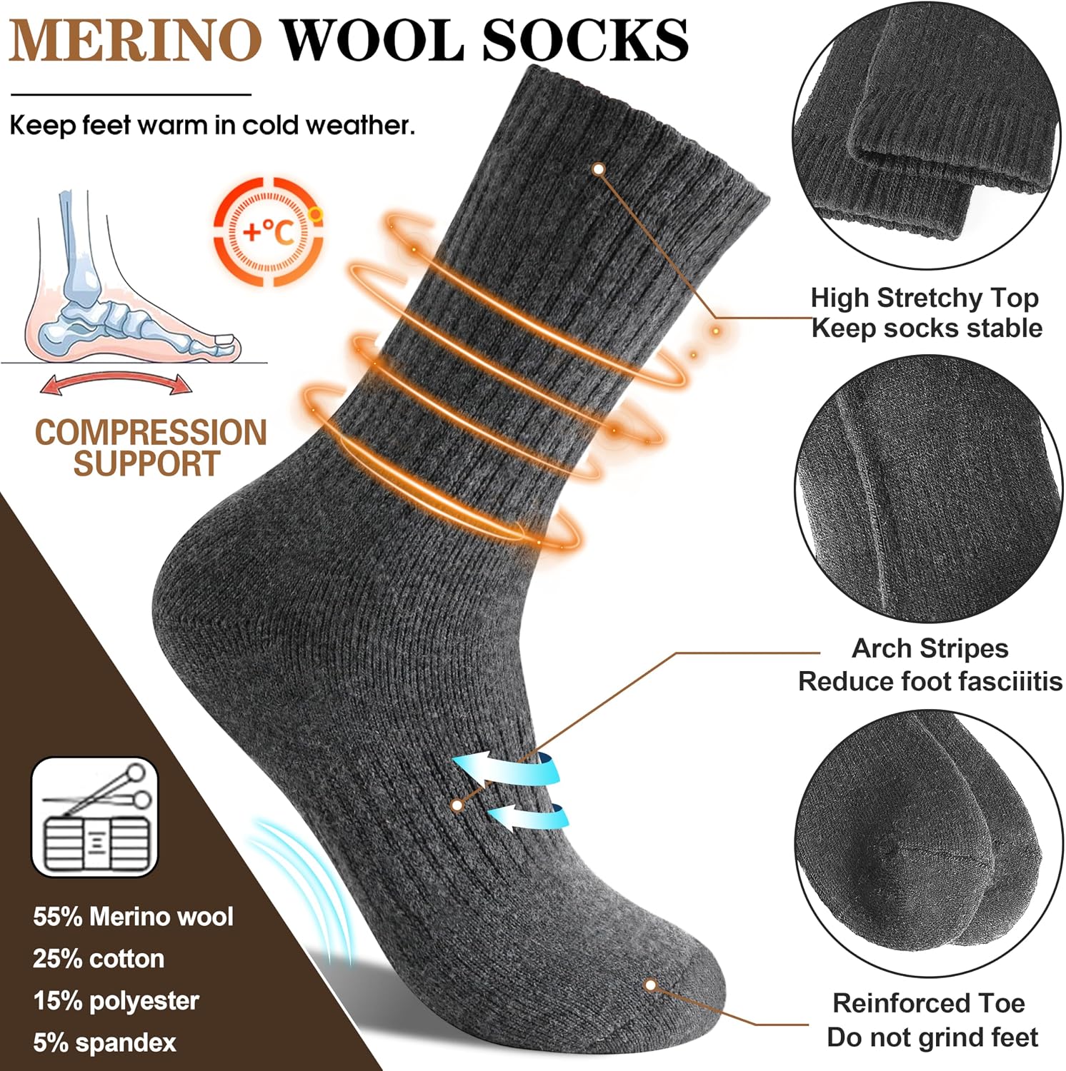 MOGGEI 5 Pairs Womens Merino Wool Socks Hiking Warm Winter Thick Thermal Crew Cozy Cabin Ladies Gift Comfy Boot Work Socks