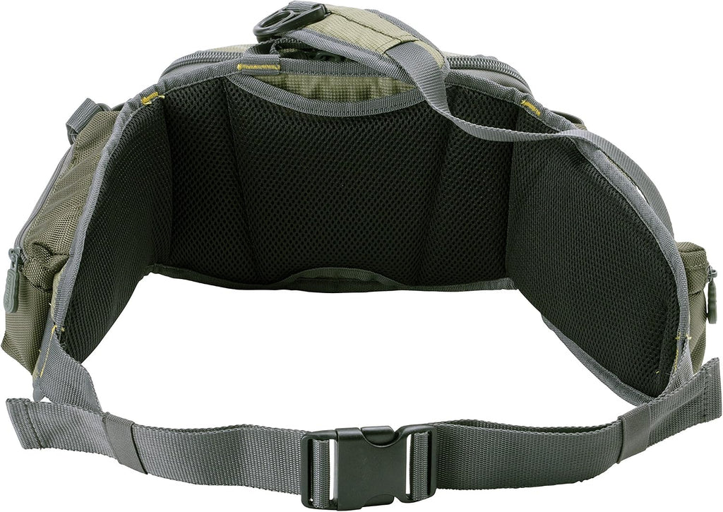 Allen Company Eagle River Lumbar Fly Fishing Pack - Holds 6 Fly Boxes, Zip‑Down Workstation, Waist Bottle Pockets, Durable Outdoor Waist Pack - Gray/Lime and Olive Green