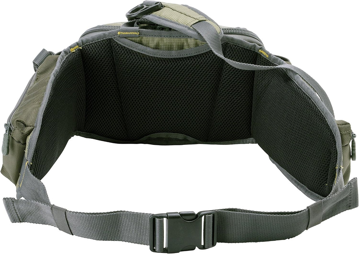 Allen Company Eagle River Lumbar Fly Fishing Pack - Holds 6 Fly Boxes, Zip‑Down Workstation, Waist Bottle Pockets, Durable Outdoor Waist Pack - Gray/Lime and Olive Green