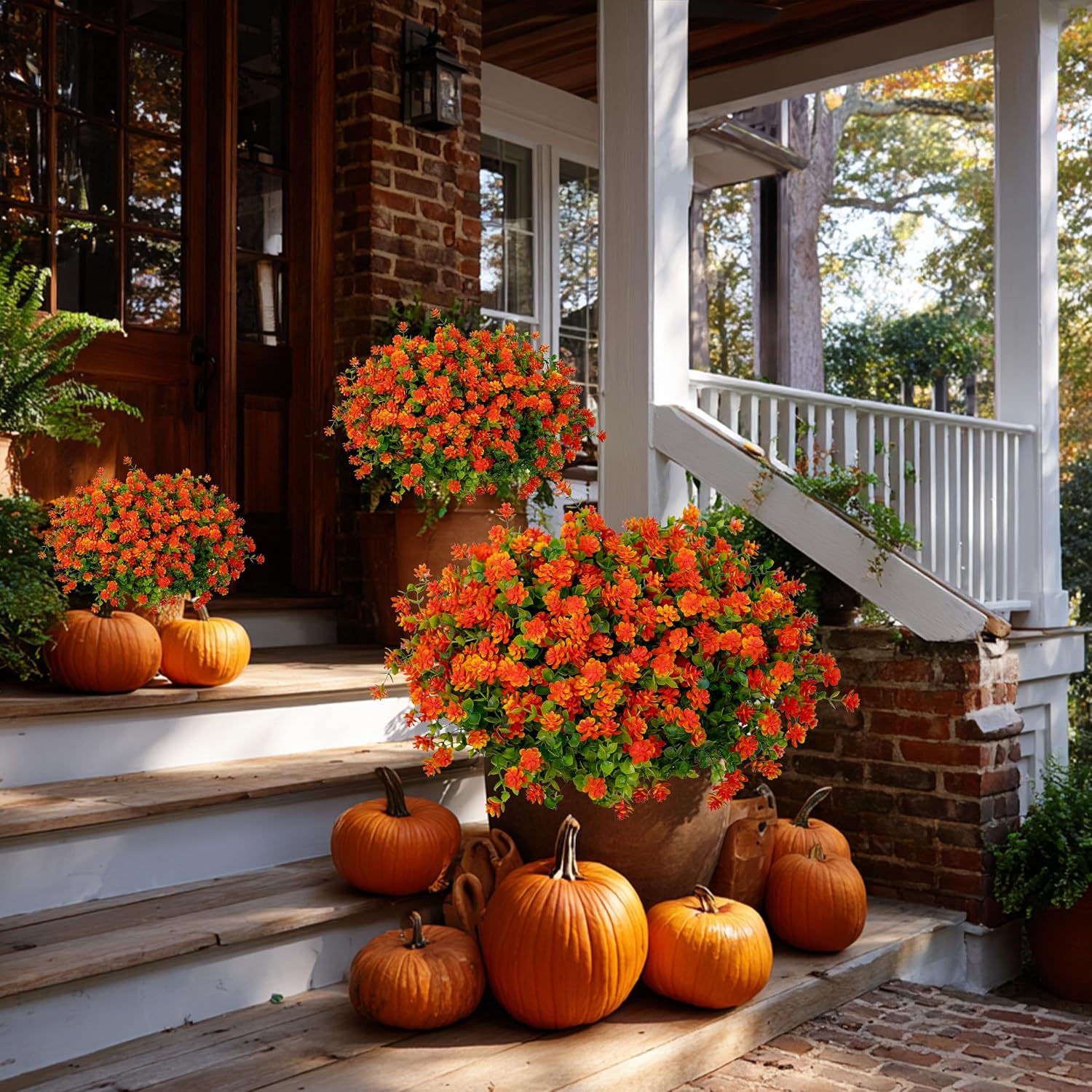 AXYLEX Artificial Mums for Outdoors, Fake Fall Flowers (Red Orange)