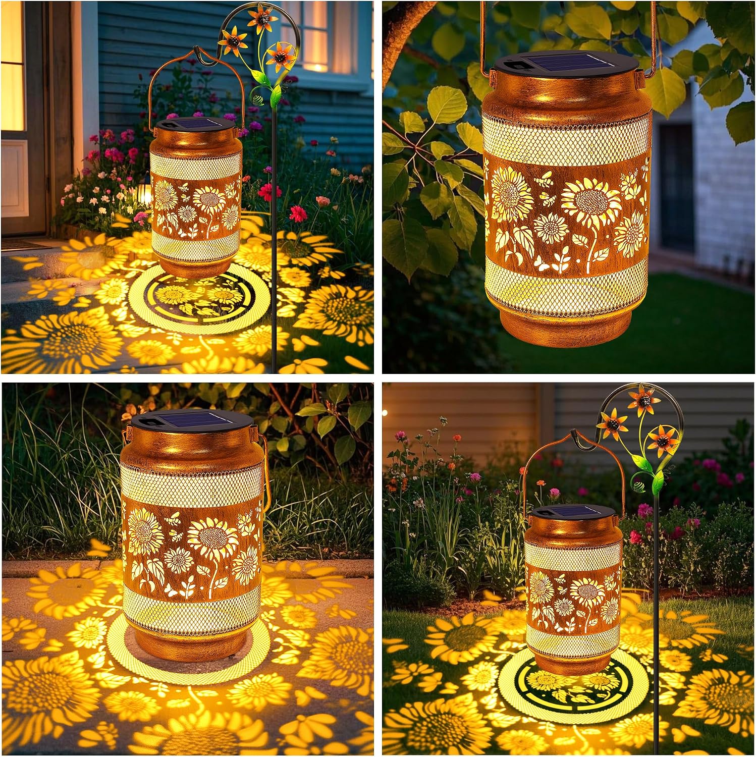 2 Pack Sunflower Solar Lanterns Outdoor Waterproof Solar Garden Decor, Birthday Gifts for Women Mom Grandma, Metal Hanging Lights with Shepherd Hook for Outside Yard Patio Pathway Backyard