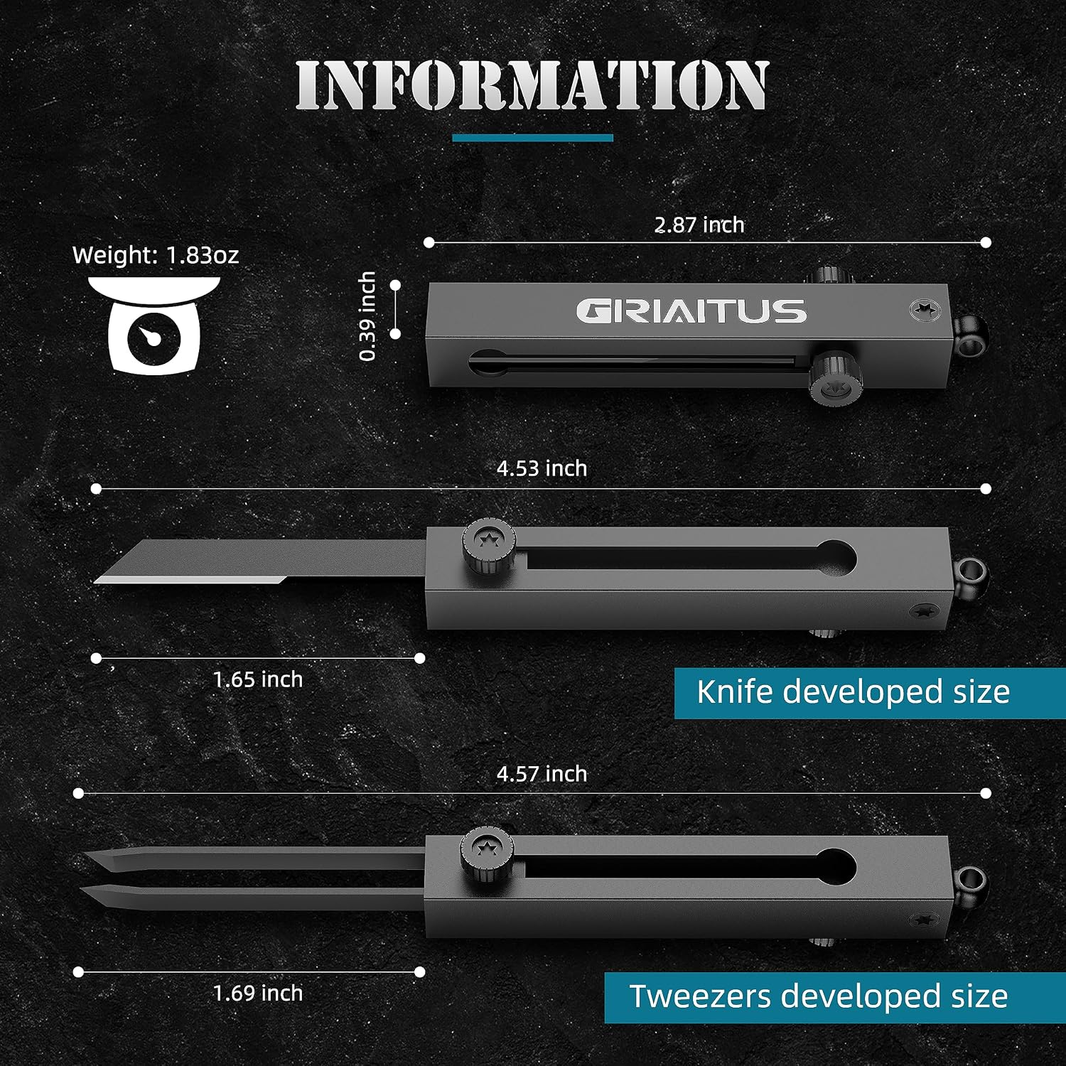 2-in-1 EDC Pocket Knife Keychain Tweezers Multitool, Box Cutter Tool, Black