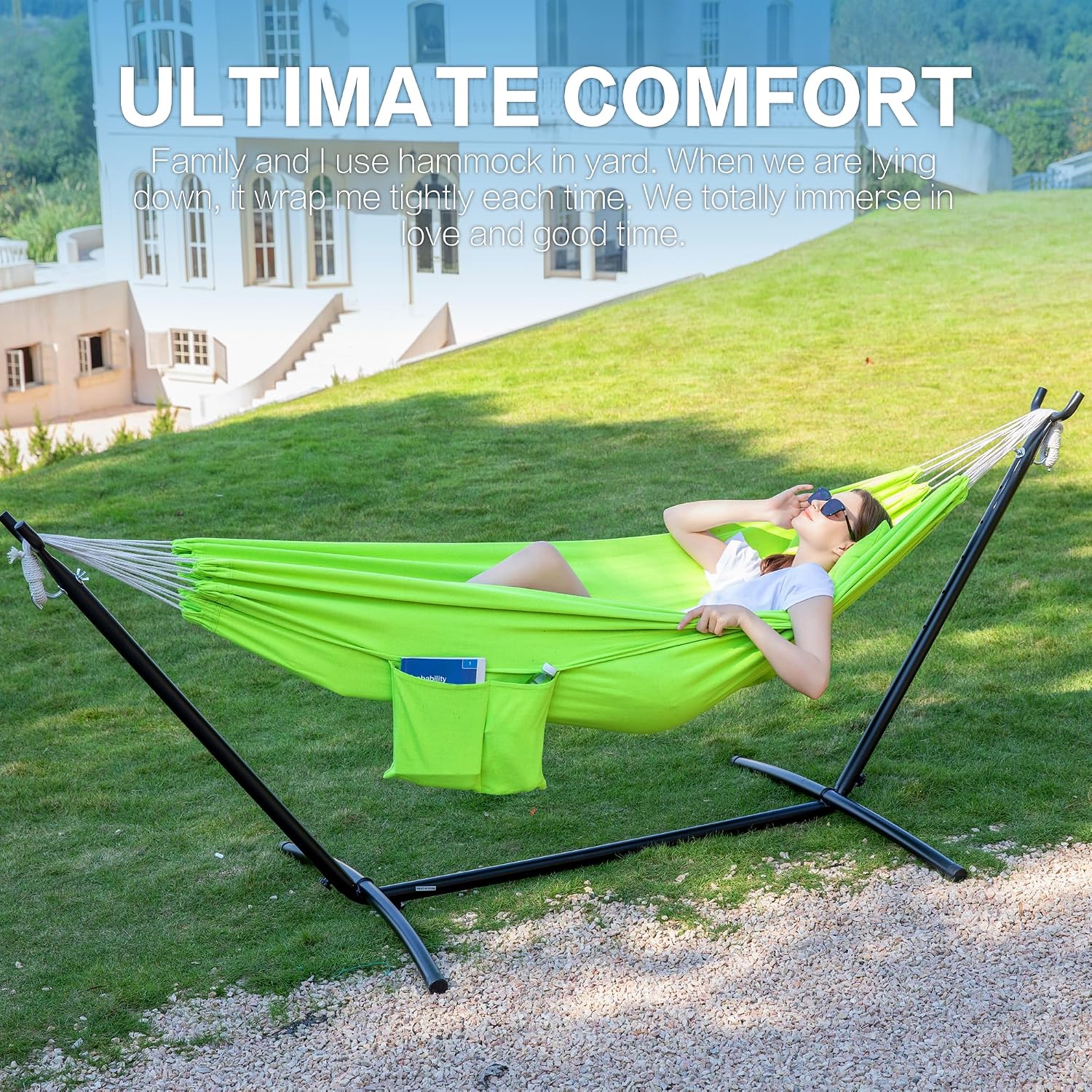PNAEUT Double Hammock with Stand for Outside, Heavy-Duty, Portable(Green)