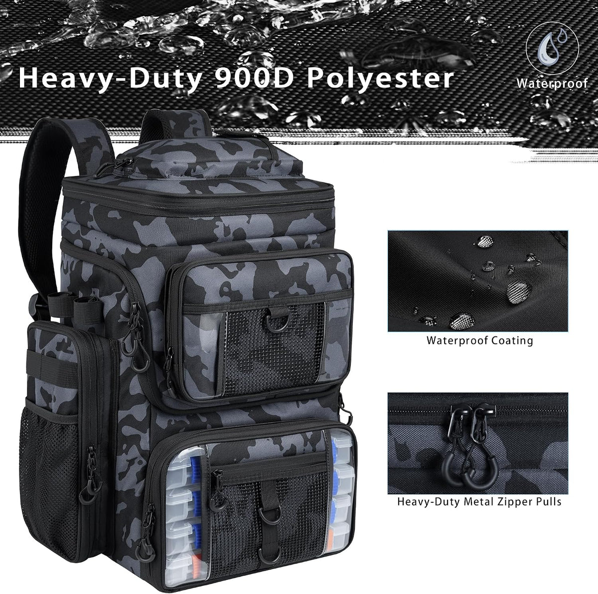 Fishing Tackle Backpack,55L Large Tackle Bag with 4 Rod Holders,Camouflage