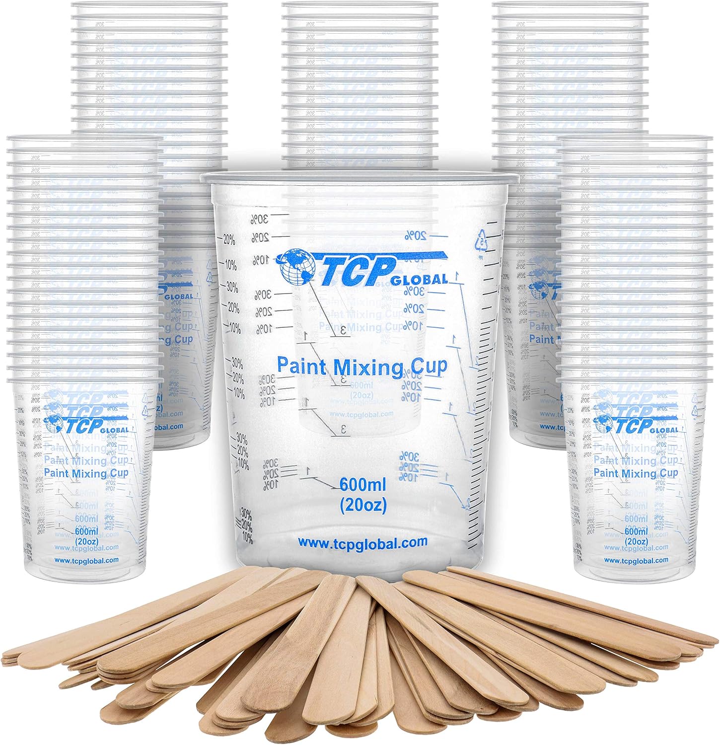 TCP Global 20 oz. (600ml) Graduated Plastic Mixing Cups - Box of 50