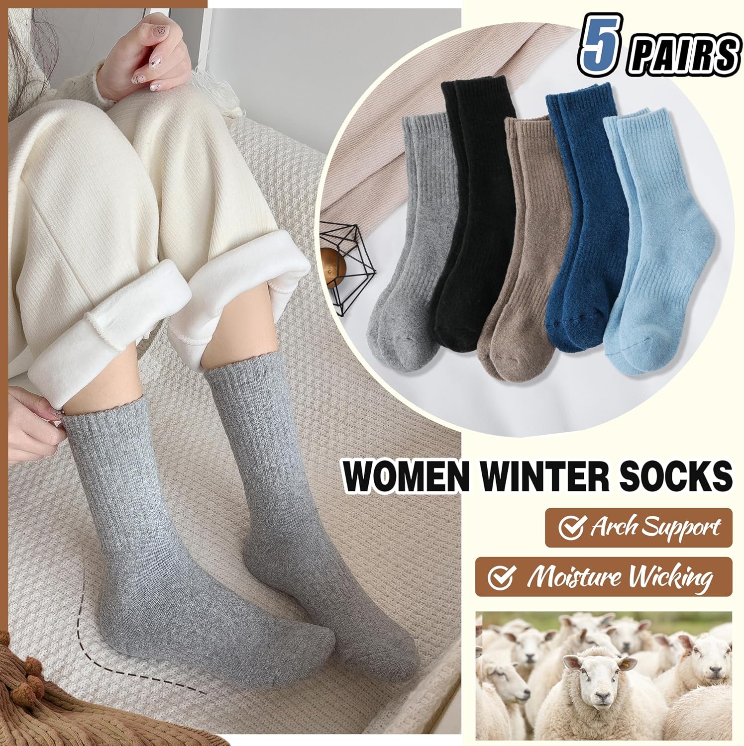 EBMORE 5 Pairs Women Merino Wool Boot Socks Warm Thermal Winter Thick Hiking Cozy Cabin Crew Comfy Socks for Ladies