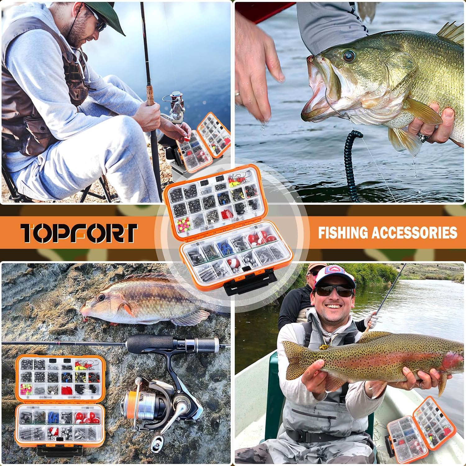 TOPFORT 187/343pcs Fishing Accessories Kit, Organized Fishing Tackle Box with Tackle Included, Fishing Hooks, Fishing Weights Sinkers, Fishing Gear and Equipment, Fishing Gift for Men
