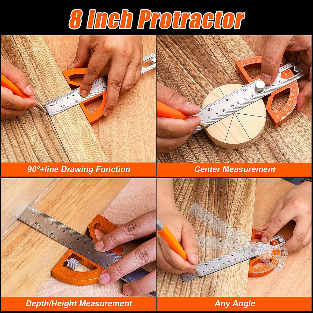 4Pcs Woodworking Tools -7''Aluminum Rafter Square,12''Adjustable Protractor Angle Finder,10'Woodworking Square Ruler and T-Bevel Gauge-1/16 Precision…