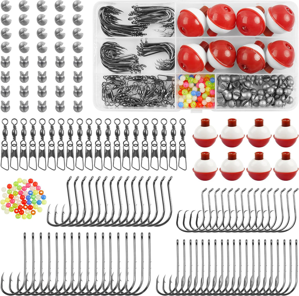 Fishing Bobbers Hooks and Weights Tackle Kit, 175pcs Beginners Equipment Include Fishing Hooks, Bobbers, Sinker Weights, Beads, Organized Tackle Box for Bass Trout Catfish Panfish