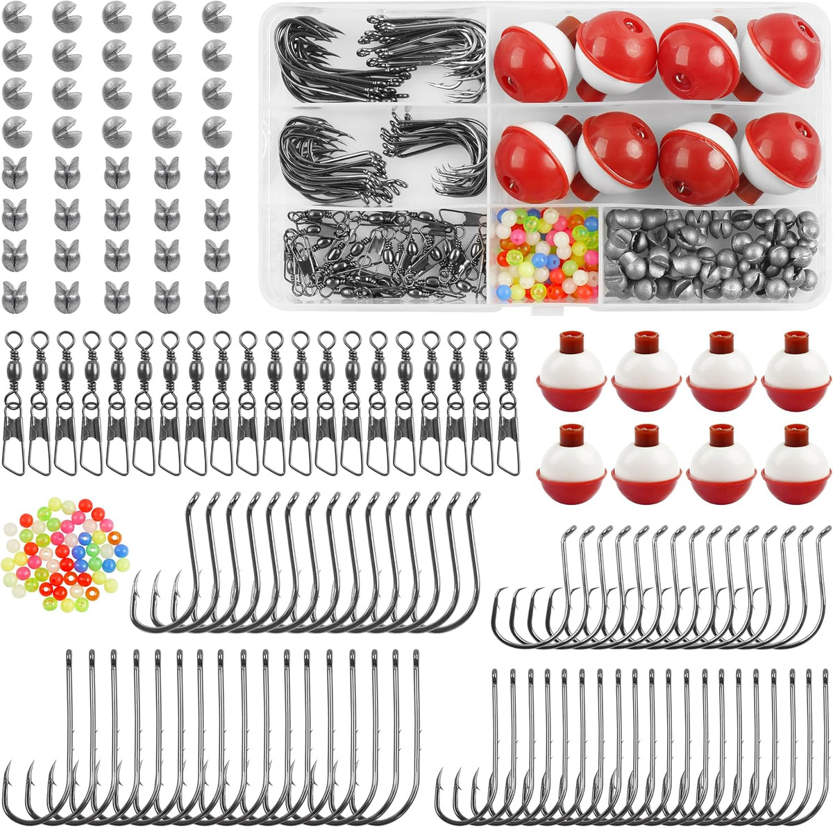 Fishing Bobbers Hooks and Weights Tackle Kit, 175pcs Beginners Equipment Include Fishing Hooks, Bobbers, Sinker Weights, Beads, Organized Tackle Box for Bass Trout Catfish Panfish