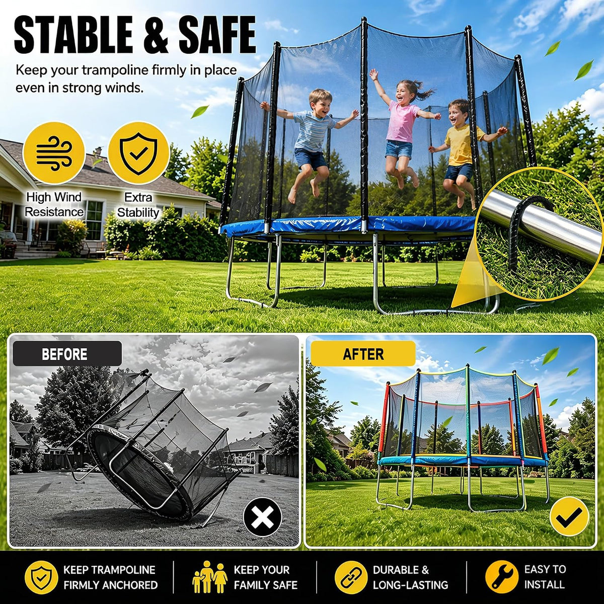RIY Trampoline Stakes Anchors High Wind Heavy Duty Tent Stakes 12 Inch Ground Anchor Trampoline Accessories with T Hook