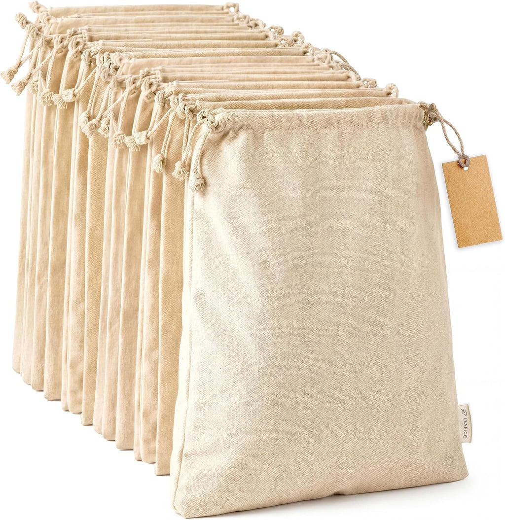 LEAFICO Muslin Cloth Bags with Drawstrings - Set of 8 (S, M, L, XL) - Reusable Natural Cotton Bags for Bulk Food Storage - Canvas Fabric Sachets