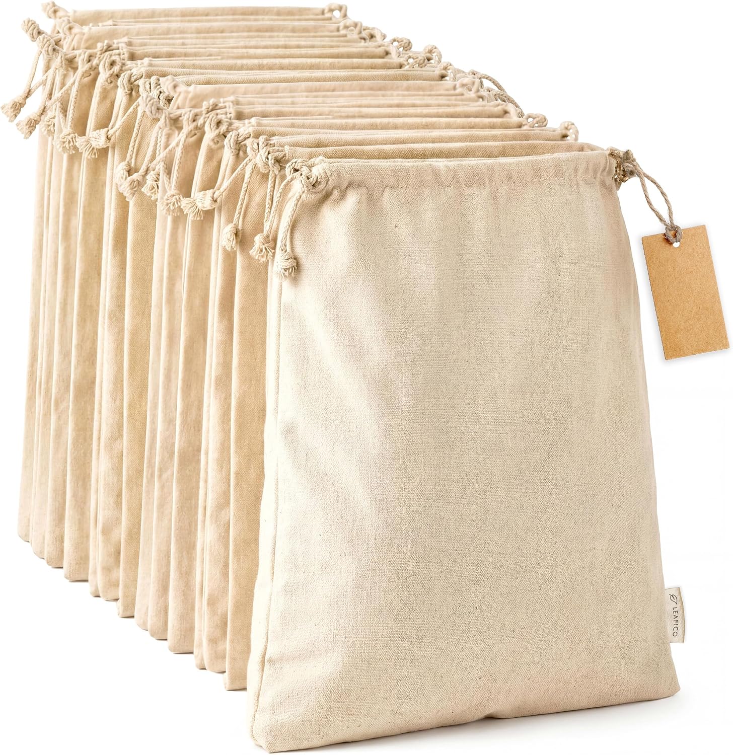 LEAFICO Muslin Cloth Bags with Drawstrings - Set of 8 (S, M, L, XL) - Reusable Natural Cotton Bags for Bulk Food Storage - Canvas Fabric Sachets